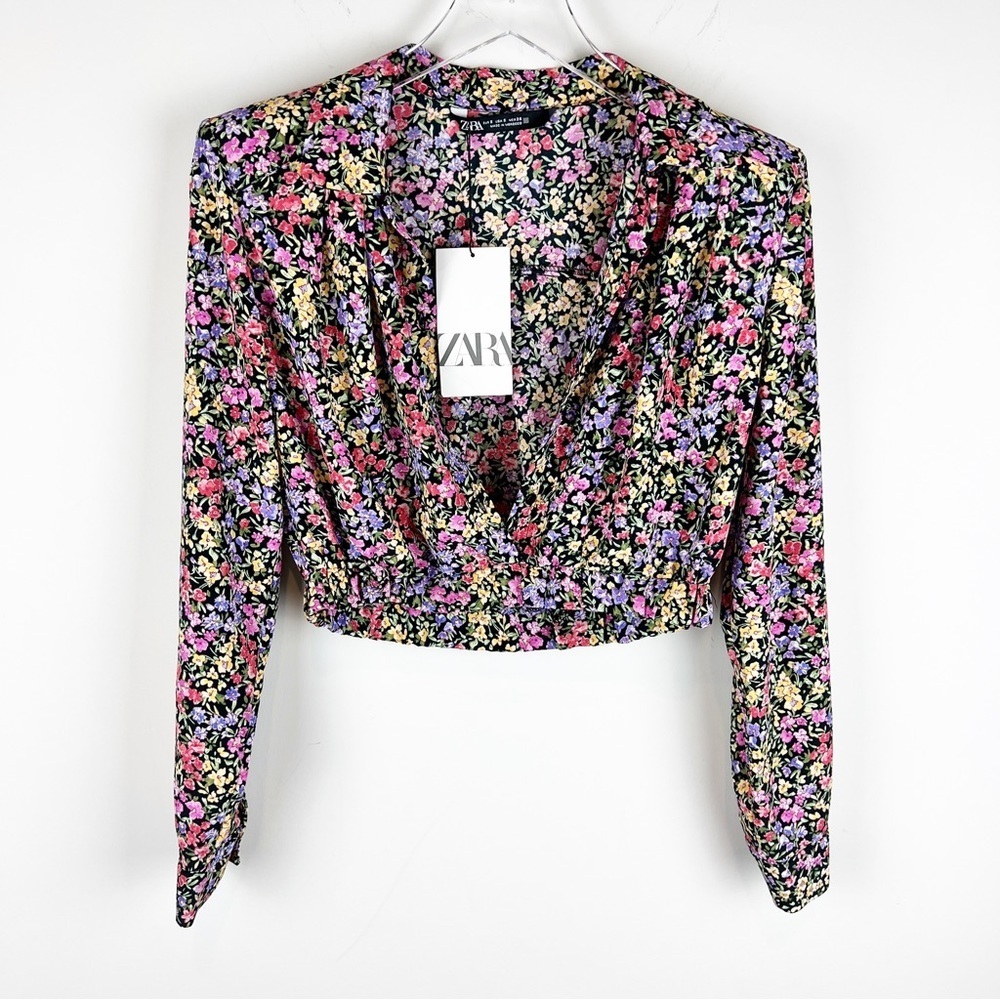 Zara Black Floral V-Neck Cropped Blouse with Pink Purple Yellow Flowers